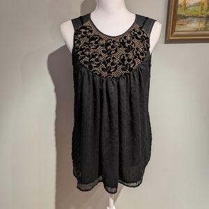Anthropologie One September Women's Small Mari Tank Black Velvet Beaded Yoke